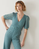 Macacão de Laise Manga 3/4 Decote Profundo - Verde Escuro