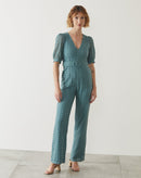 Macacão de Laise Manga 3/4 Decote Profundo - Verde Escuro