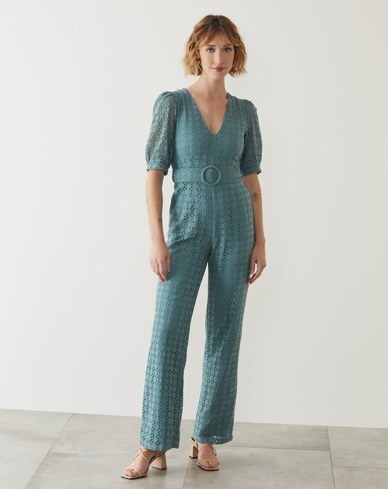 Macacão de Laise Manga 3/4 Decote Profundo - Verde Escuro