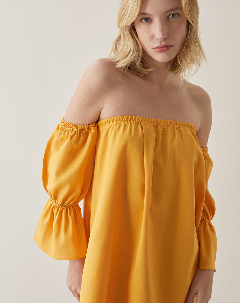 Vestido Curto de Linho Ombro a Ombro - Amarelo