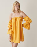 Vestido Curto de Linho Ombro a Ombro - Amarelo