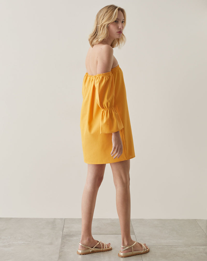 Vestido Curto de Linho Ombro a Ombro - Amarelo