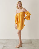 Vestido Curto de Linho Ombro a Ombro - Amarelo