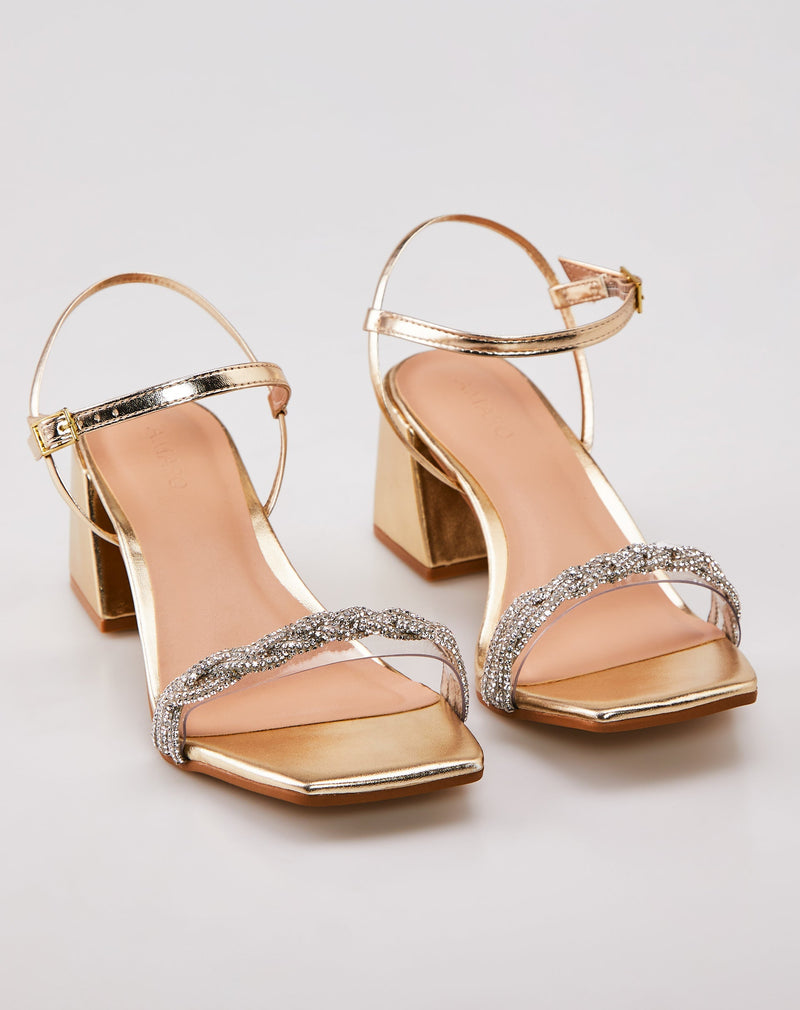 Sandália Salto Flare Tira Trançada com Strass - Dourado