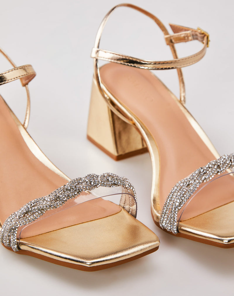 Sandália Salto Flare Tira Trançada com Strass - Dourado