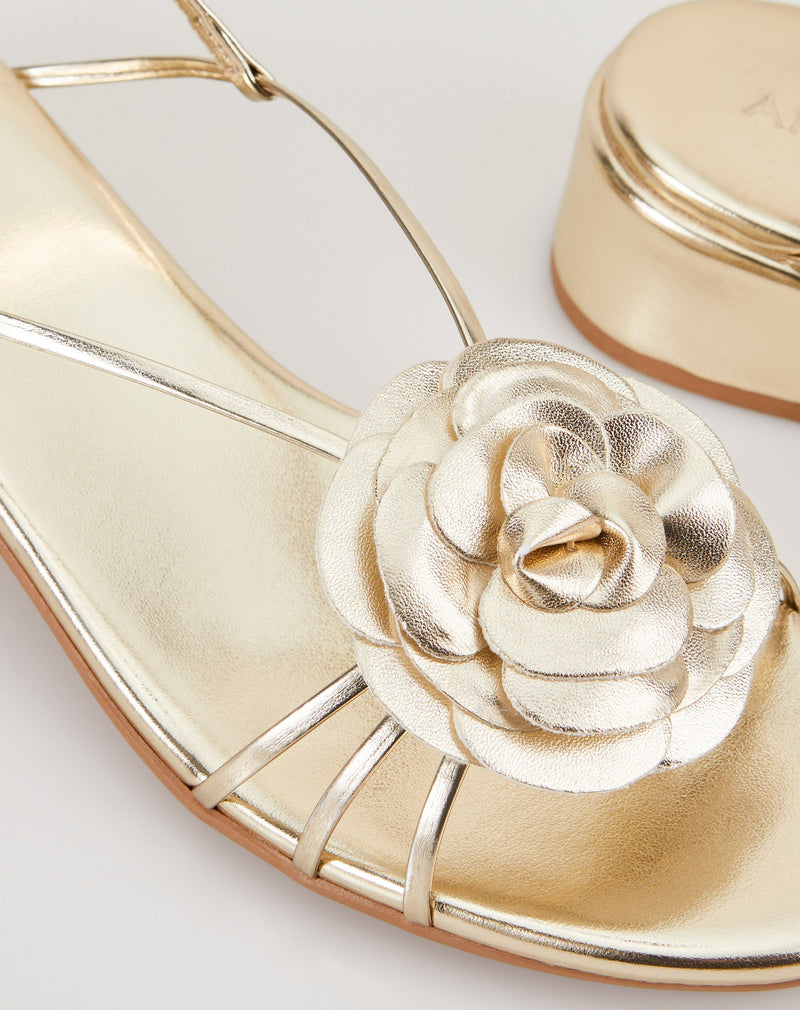 Sandália Salto Bloco Baixo Detalhe em Flor - Dourado Claro