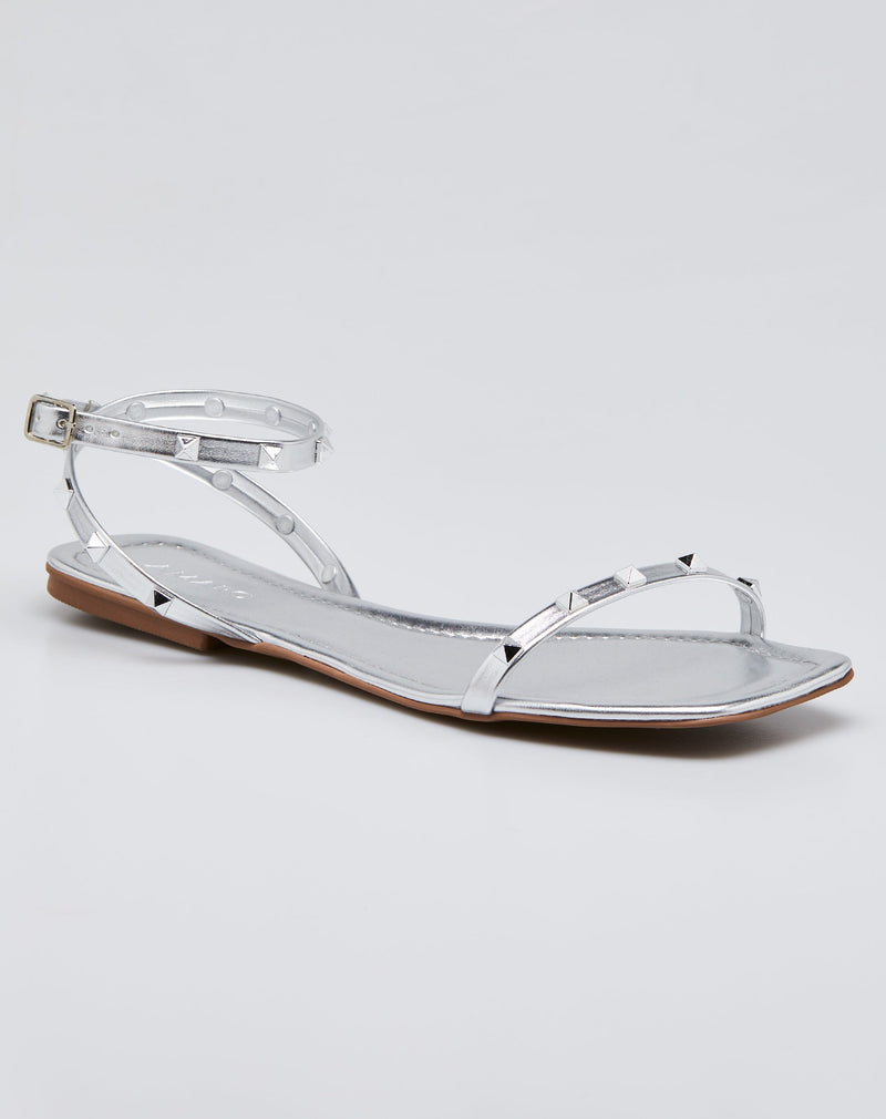 Sandália Rasteira com Tiras Detalhe Spike - Prata