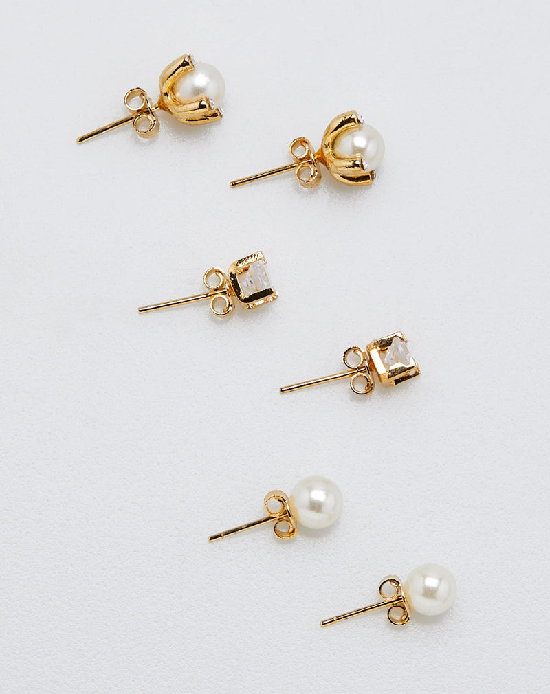 Kit 3 Brincos Folheados Pérola e Zircônia Essential - Dourado