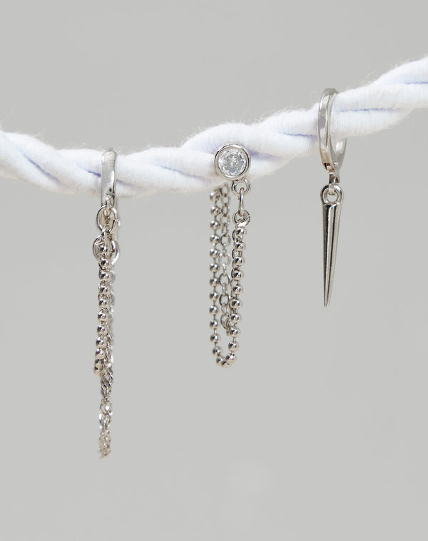 Kit 3 Brincos Folheados Mini Correntes - Prata