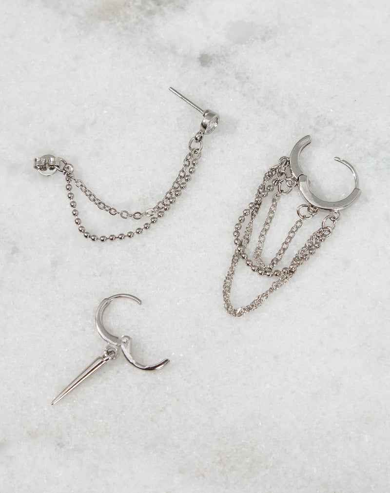 Kit 3 Brincos Folheados Mini Correntes - Prata
