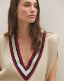 Colete Gola V Listras Tricot - Bege Claro