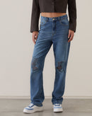 Calça Jeans Reta Puídos - Azul Médio