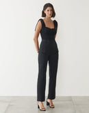 Calça Reta Alfaiatada Sarja Bolsos - Preto