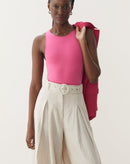 Calça Wide Leg Listrada com Linho - Natural