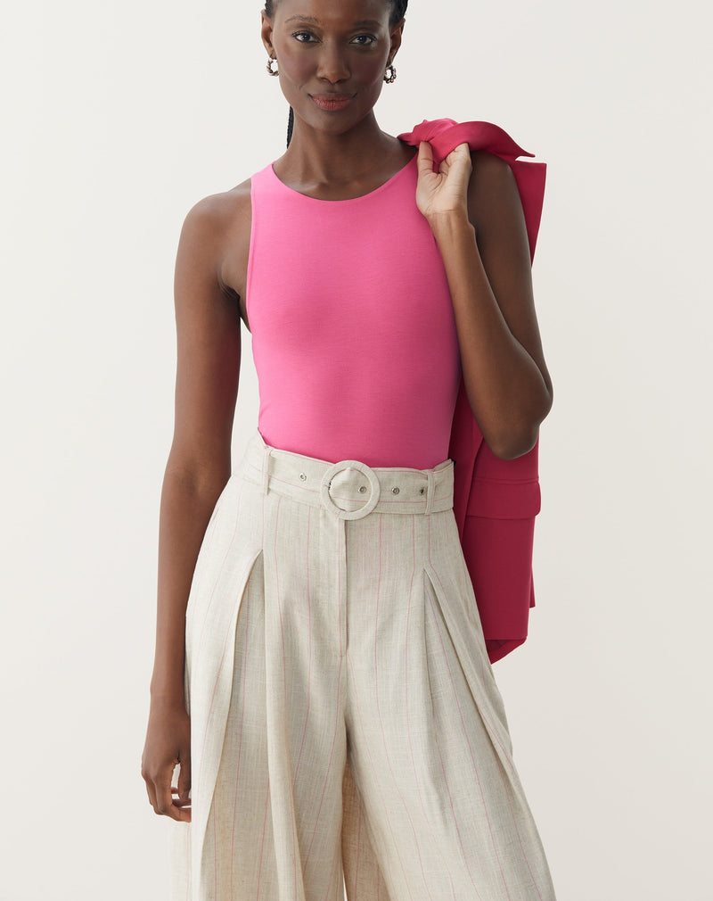 Calça Wide Leg Listrada com Linho - Natural