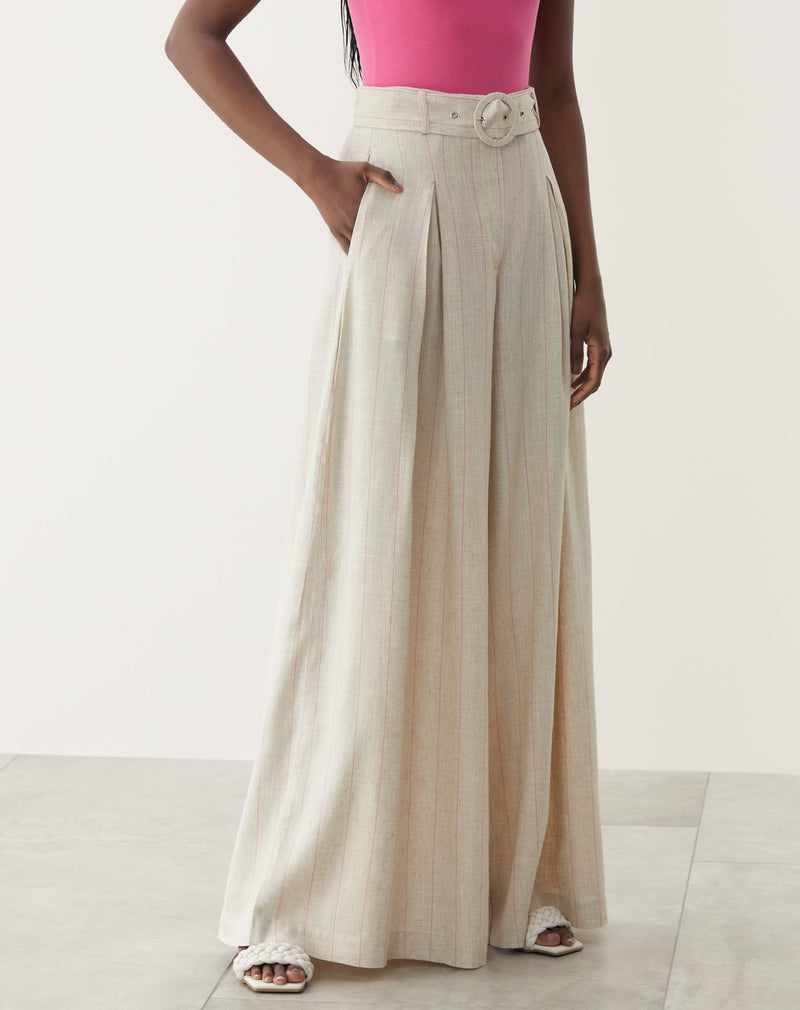 Calça Wide Leg Listrada com Linho - Natural