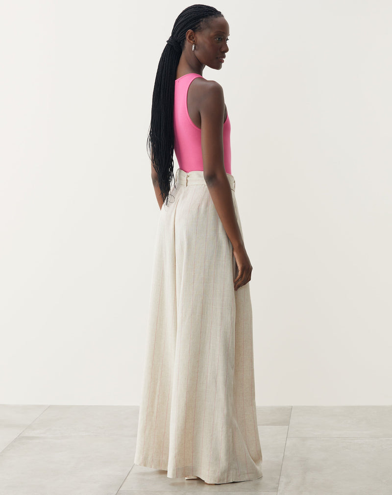 Calça Wide Leg Listrada com Linho - Natural