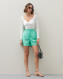 Shorts Cintura Alta com Pregas - Verde Claro