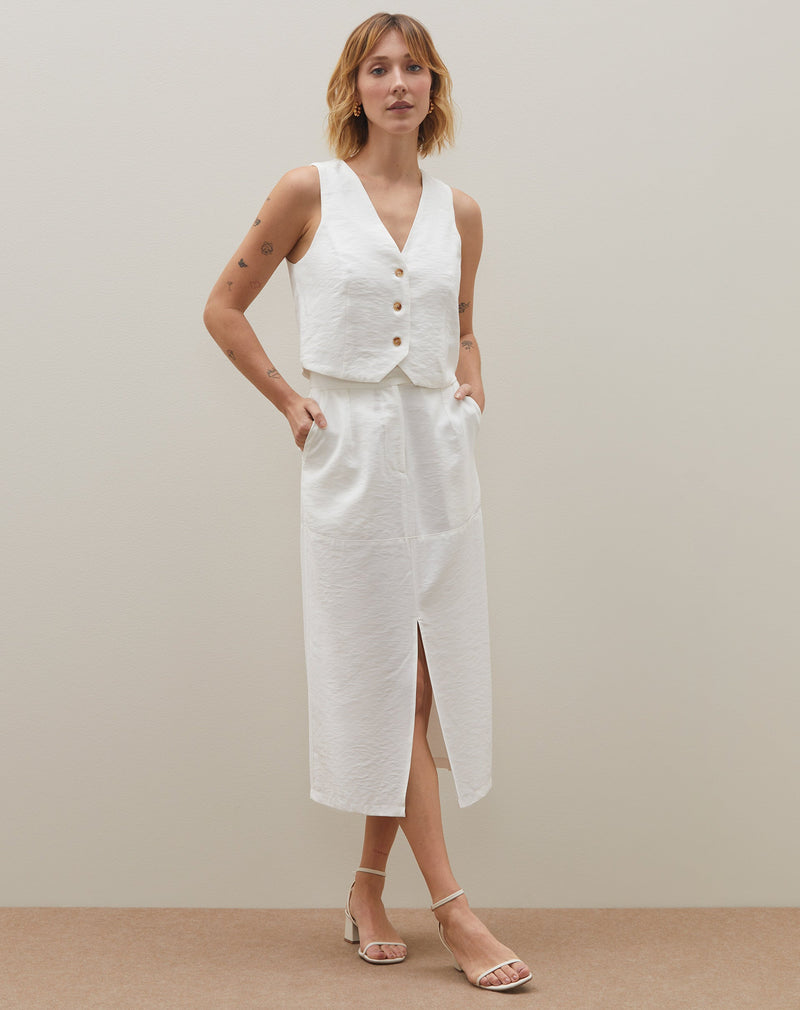 Saia Midi com Fenda Frontal Alfaiataria - Off-white