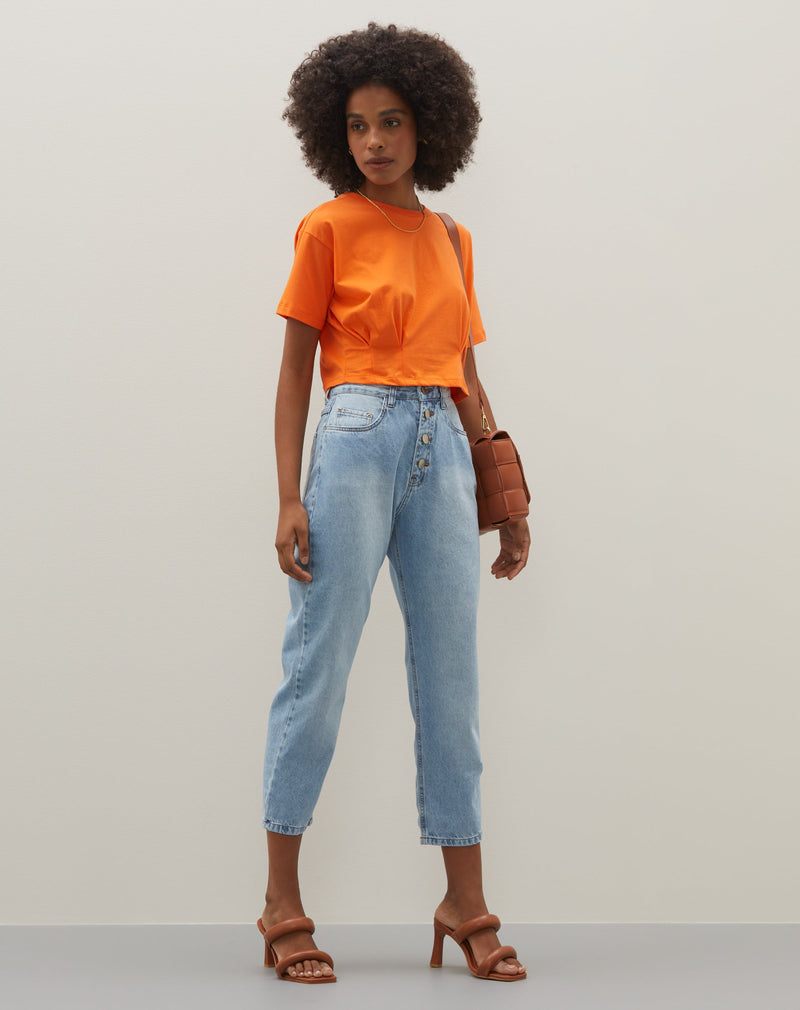 Calça Slim Botões Jeans - Azul Médio