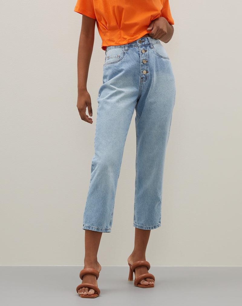Calça Slim Botões Jeans - Azul Médio
