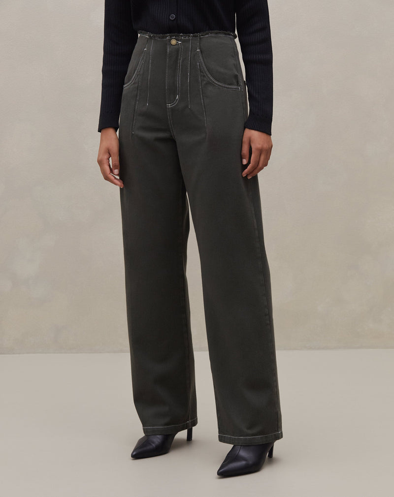 Calça Wide de Sarja sem Cós  - Verde Militar