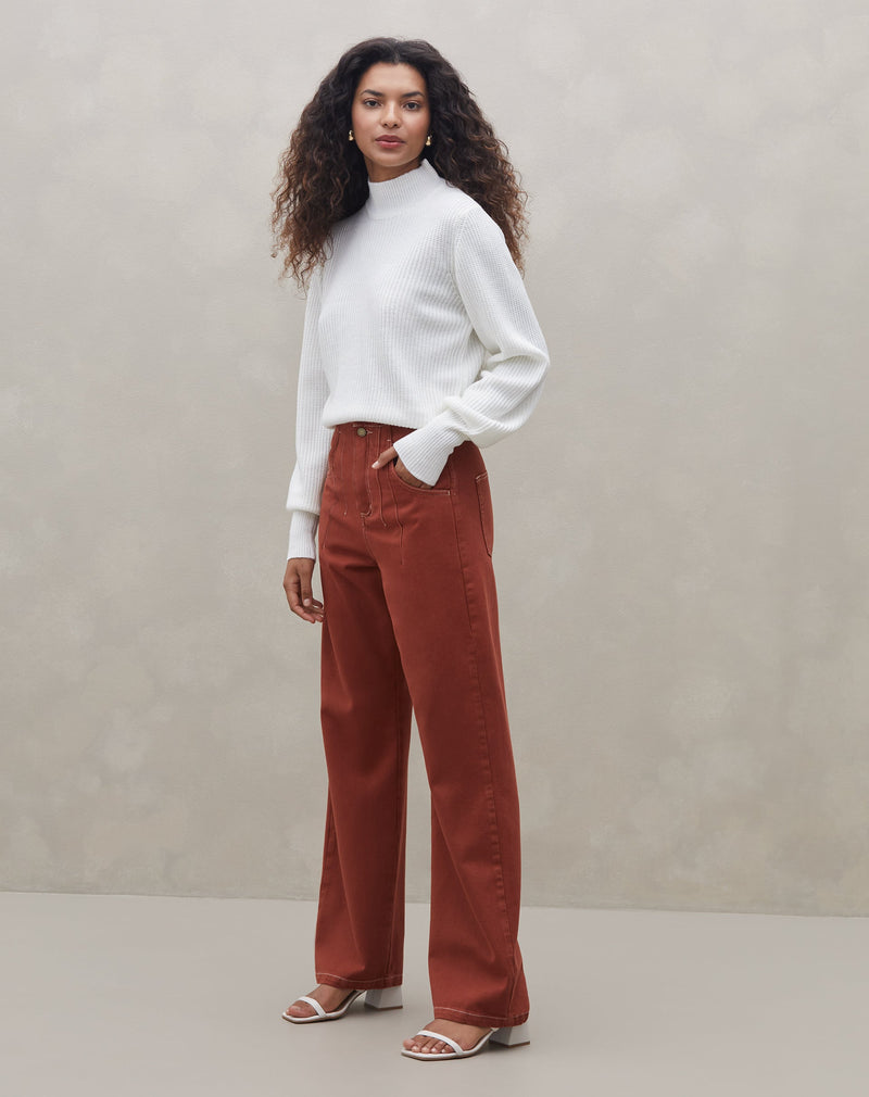 Calça Wide de Sarja sem Cós  - Laranja Escuro