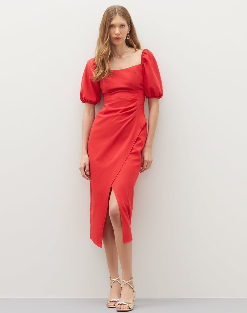 Vestido Midi com Manga Bufante e Saia Transpassada  - Vermelho