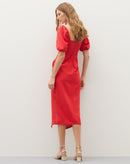 Vestido Midi com Manga Bufante e Saia Transpassada  - Vermelho