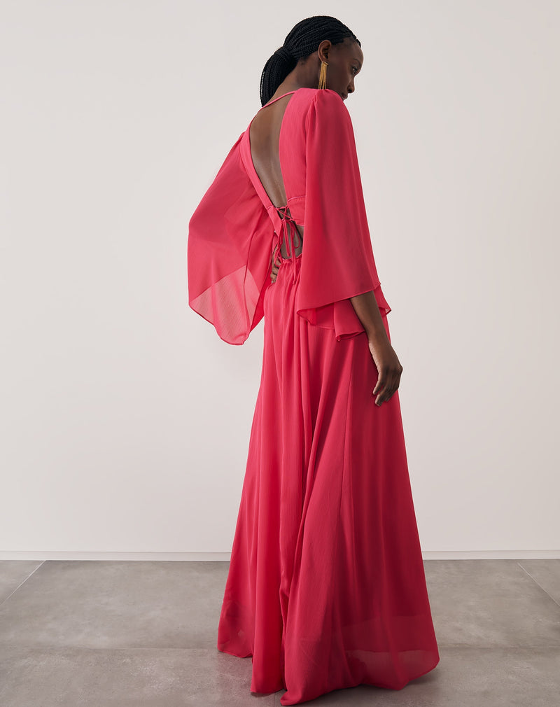 Vestido Longo Manga Sino e Amarração Costas - Pink