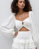 Vestido Curto com Manga e Amarração Frente - Off-white