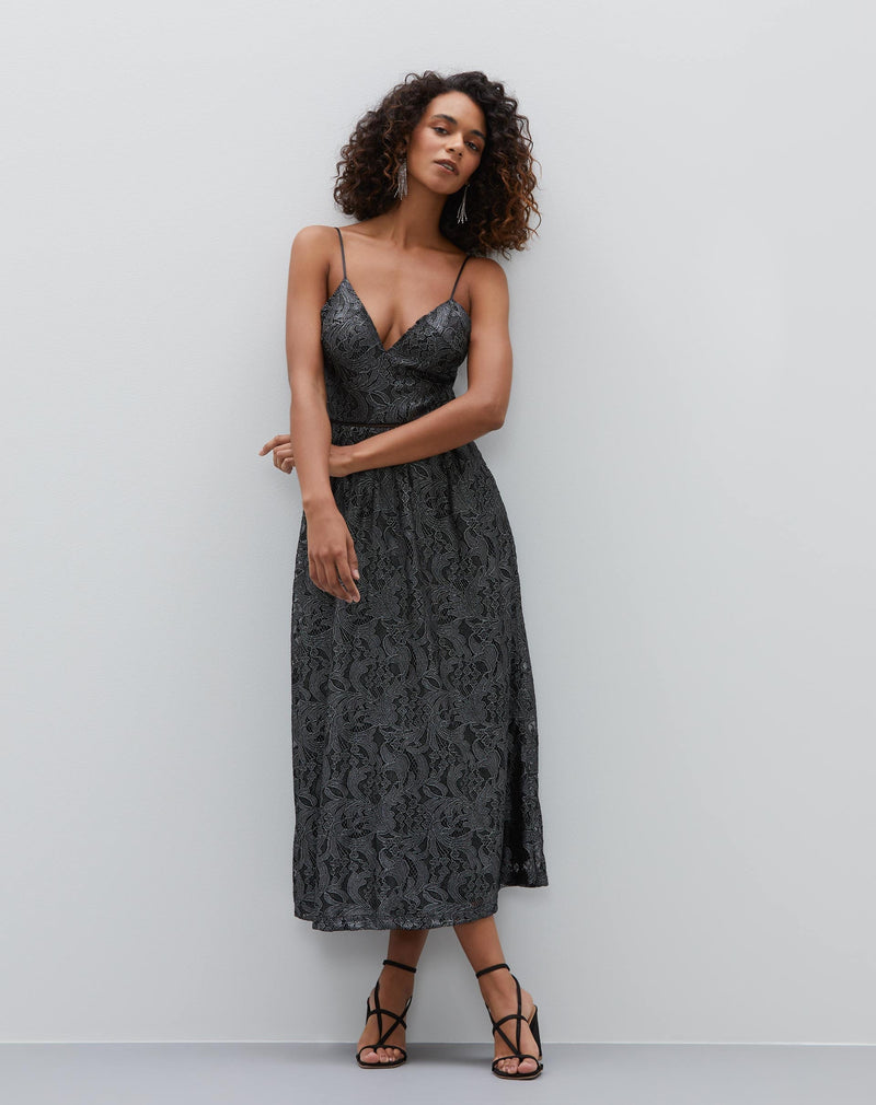Vestido Midi Renda com Pala de Cintura e Alcinha - Preto