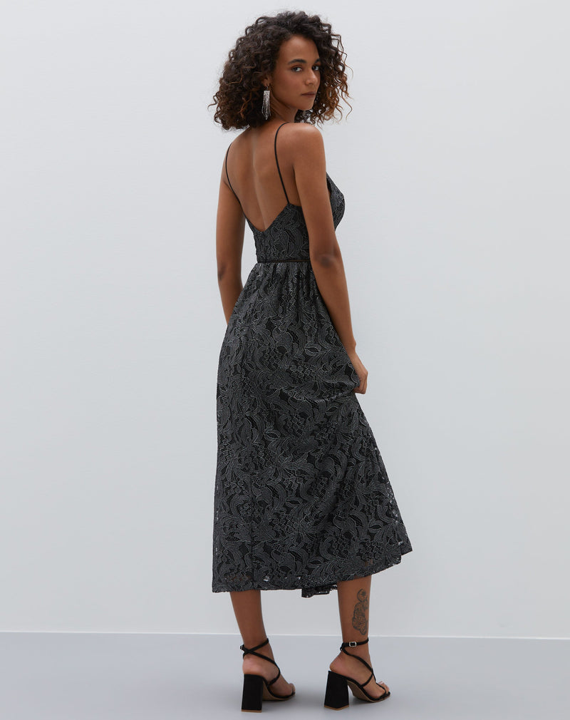 Vestido Midi Renda com Pala de Cintura e Alcinha - Preto