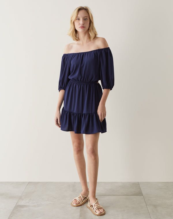 Vestido Curto Manga Balão e Abertura na Cintura - Azul