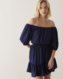 Vestido Curto Manga Balão e Abertura na Cintura - Azul