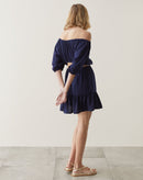 Vestido Curto Manga Balão e Abertura na Cintura - Azul