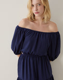 Vestido Curto Manga Balão e Abertura na Cintura - Azul