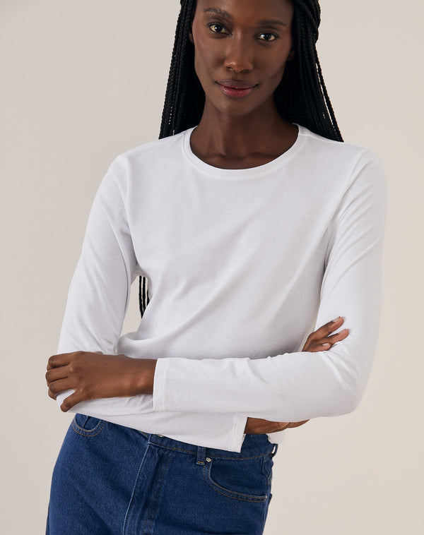 T-shirt Manga Longa de Algodão Pima Decote Redondo - Branco