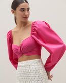 Top Cropped de Manga Comprida e Torção no Decote - Rosa