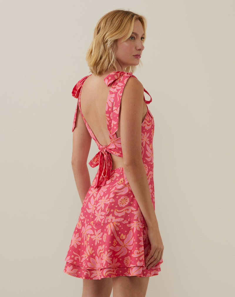 Vestido Curto com Amarração nos Ombros e Costas - Palm Lines Pink