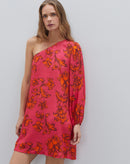 Vestido Curto Amplo de Um Ombro Só  - Tapestry Floral