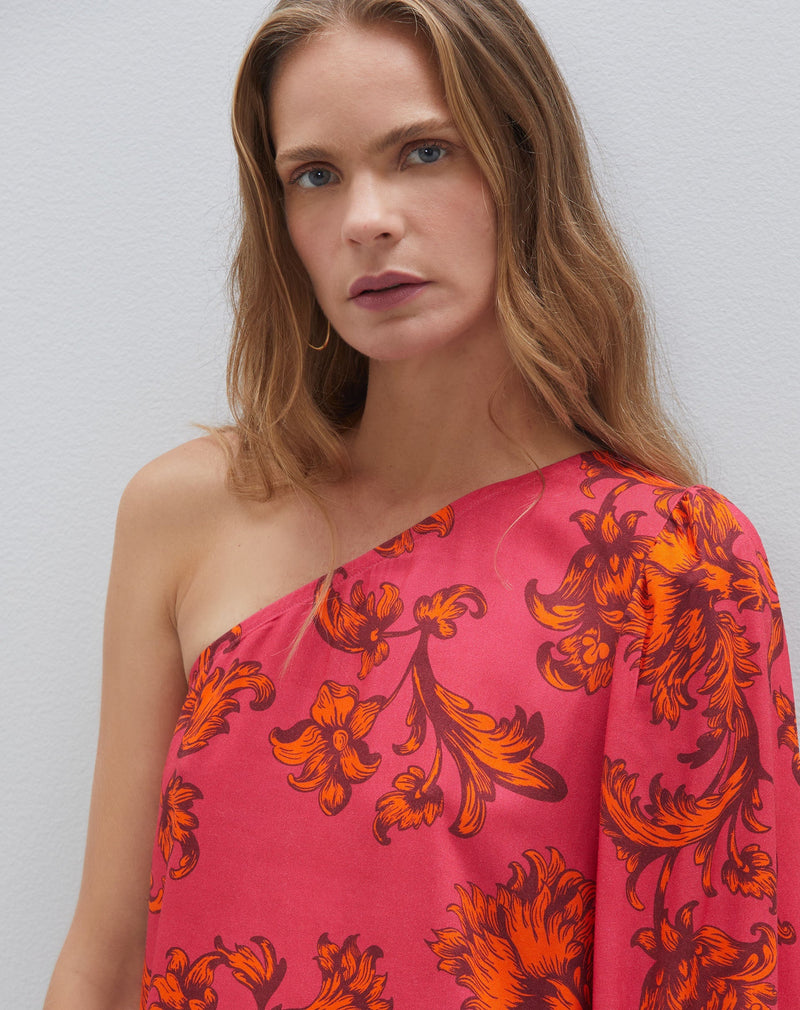 Vestido Curto Amplo de Um Ombro Só  - Tapestry Floral