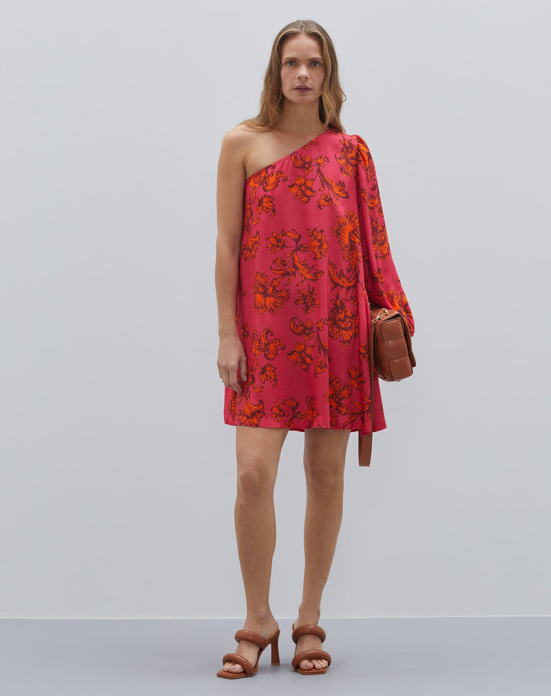 Vestido Curto Amplo de Um Ombro Só  - Tapestry Floral