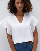 Blusa Curta Oversize com Manga de Babados  - Branco