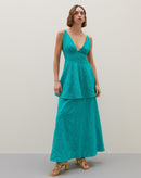 Vestido Longo de Laise com Saia Dupla  - Verde Água