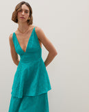 Vestido Longo de Laise com Saia Dupla  - Verde Água