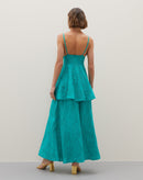 Vestido Longo de Laise com Saia Dupla  - Verde Água