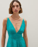 Vestido Longo de Laise com Saia Dupla  - Verde Água