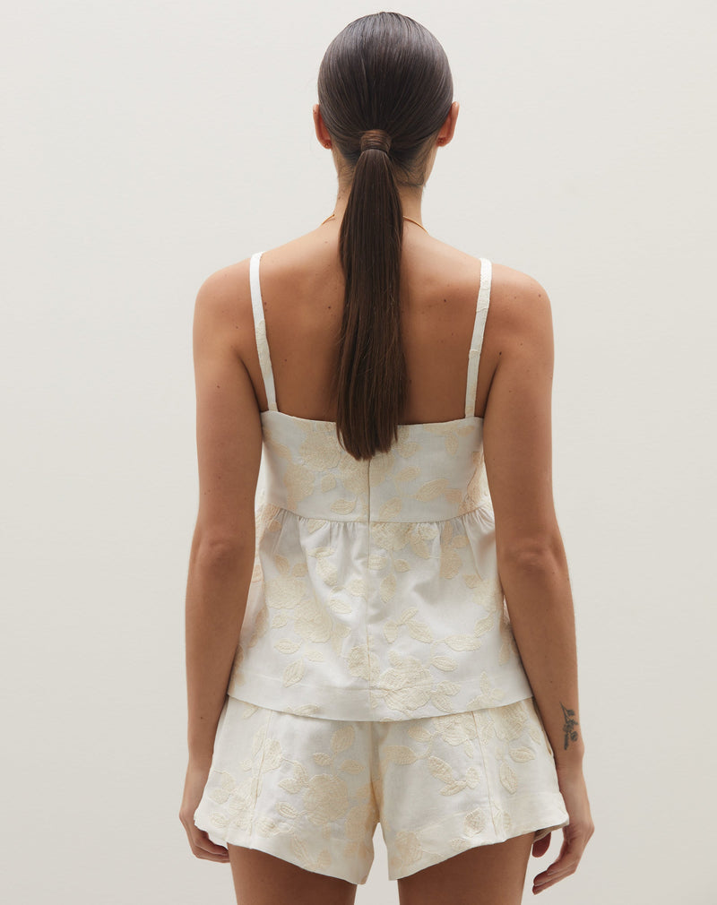 Regata Alça Fina de Linho Bordado  - Off-white