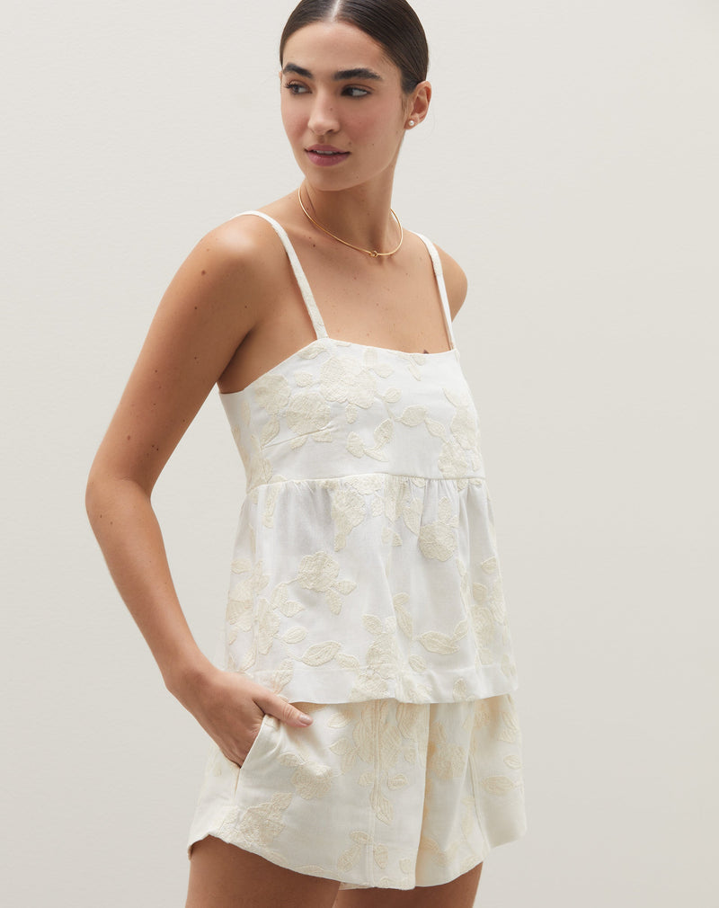 Regata Alça Fina de Linho Bordado  - Off-white